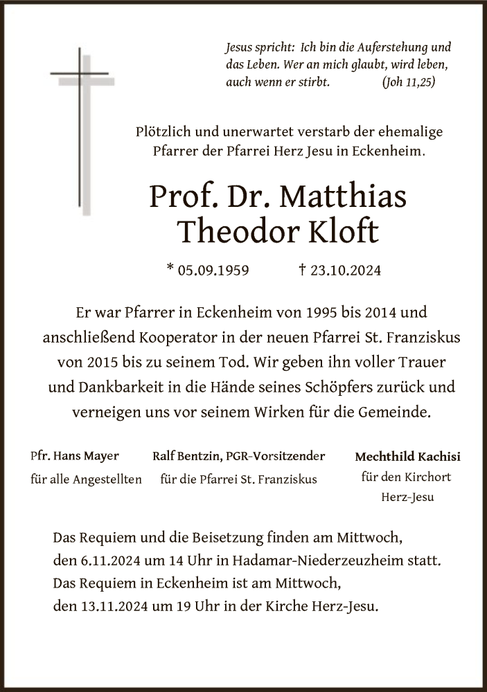  Traueranzeige für Matthias Theodor Kloft vom 02.11.2024 aus FNP