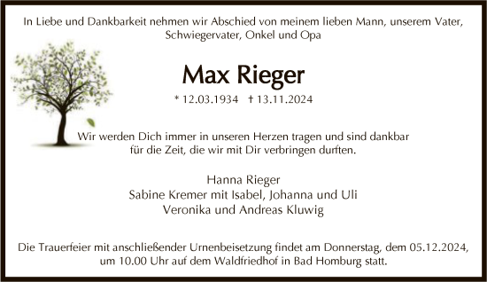 Traueranzeige von Max Rieger von FNP