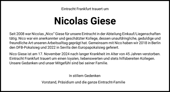 Traueranzeige von Nicolas Giese von FNP