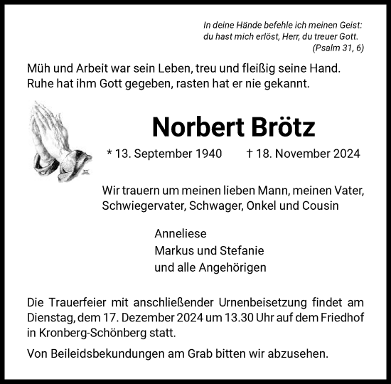 Traueranzeige von Norbert Brötz von FNP