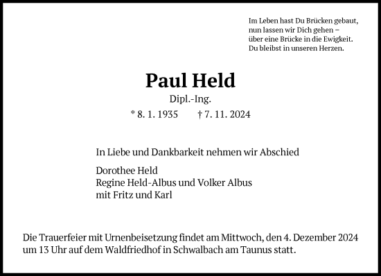 Traueranzeige von Paul Held von FNP