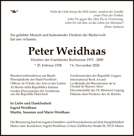 Traueranzeige von Peter Weidhaas von FNP