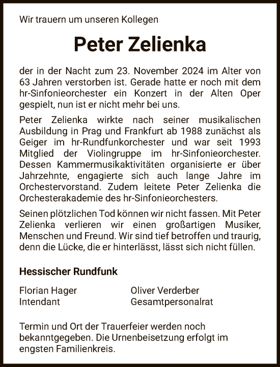 Traueranzeige von Peter Zelienka von FNP