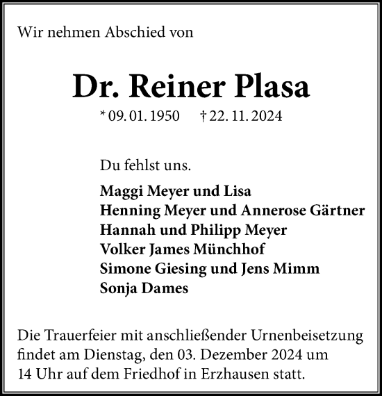 Traueranzeige von Reiner Plasa von FNP