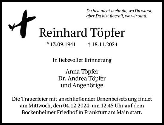 Traueranzeige von Reinhard Töpfer von FNP