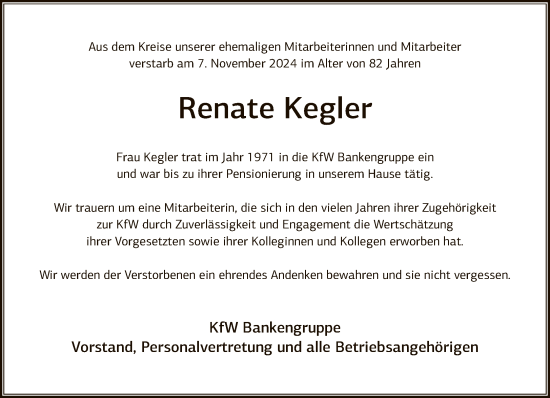 Traueranzeige von Renate Kegler von FNP