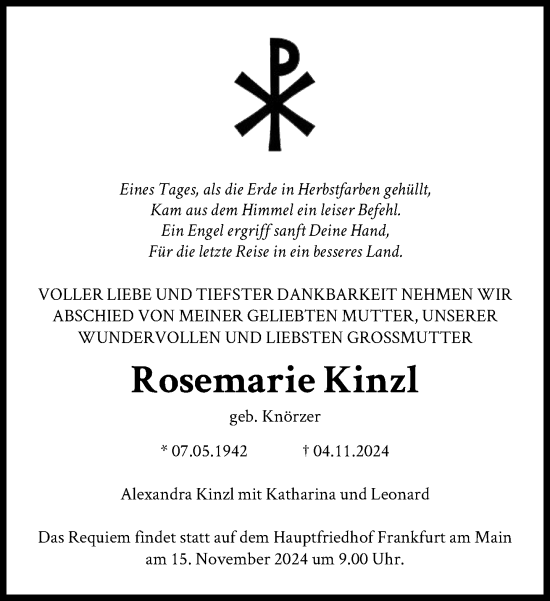 Traueranzeige von Rosemarie Kinzl von FNP