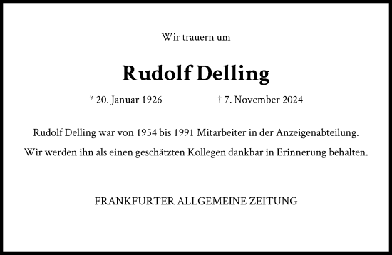 Traueranzeige von Rudolf Delling von FNP