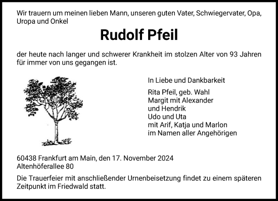 Traueranzeige von Rudolf Pfeil von FNP