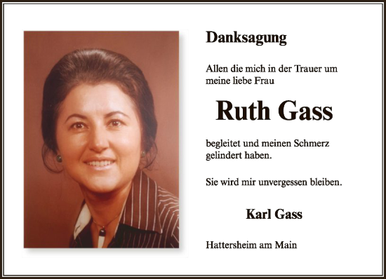 Traueranzeige von Ruth Gass von FNP