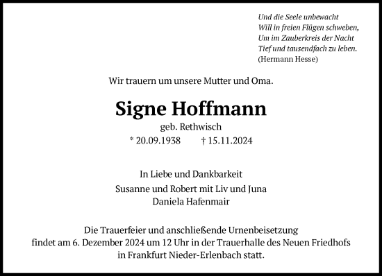 Traueranzeige von Signe Hoffmann von FNP