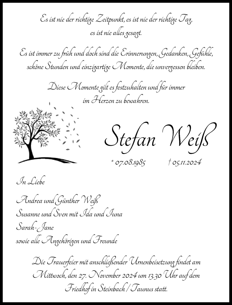  Traueranzeige für Stefan Weiß vom 23.11.2024 aus FNP