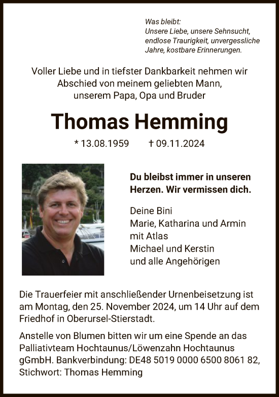 Traueranzeige von Thomas Hemming von FNP