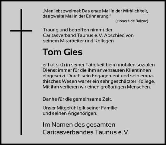 Traueranzeige von Tom Gies von FNP