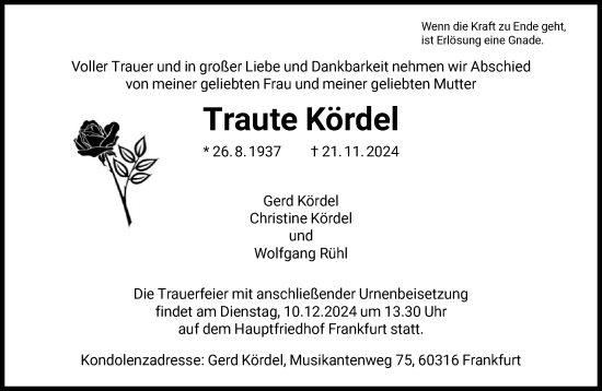 Traueranzeige von Traute Kördel von FNP