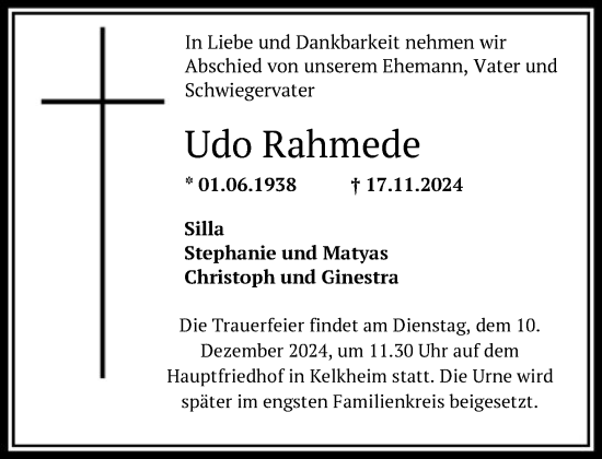Traueranzeige von Udo Rahmede von FNP