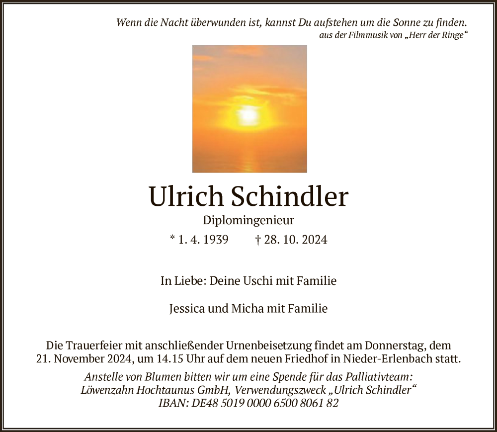  Traueranzeige für Ulrich Schindler vom 02.11.2024 aus FNP