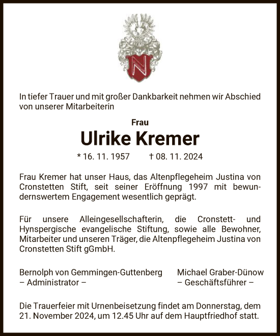 Traueranzeige von Ulrike Kremer von FNP