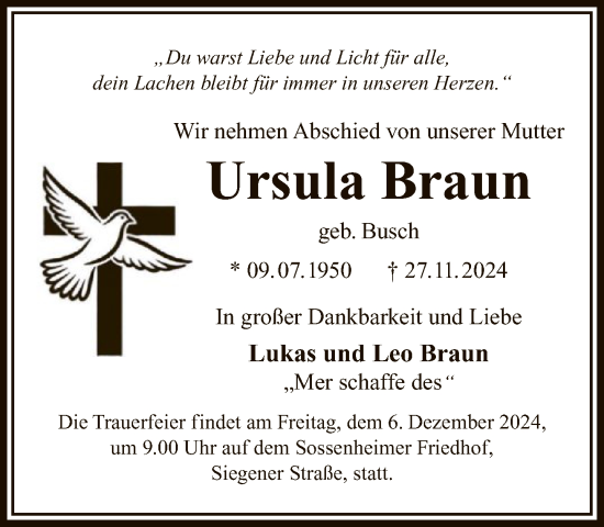 Traueranzeige von Ursula Braun von FNP