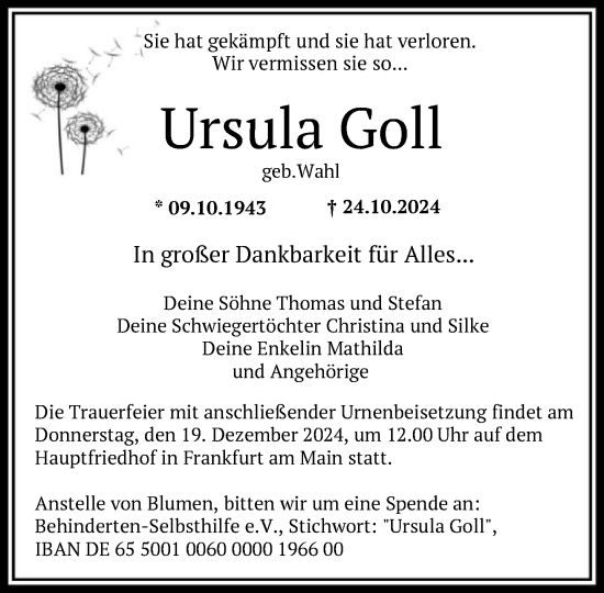 Traueranzeige von Ursula Goll von FNP