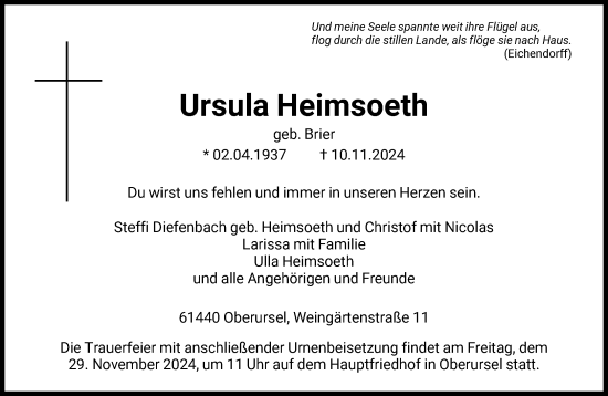 Traueranzeige von Ursula Heimsoeth von FNP