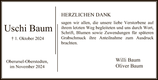 Traueranzeige von Uschi Baum von FNP