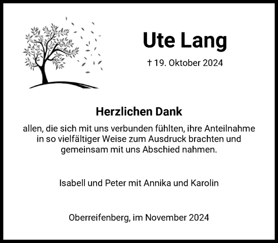 Traueranzeige von Ute Lang von FNP