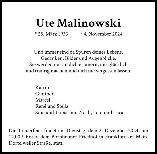 Traueranzeige von Ute Malinowski von FNP