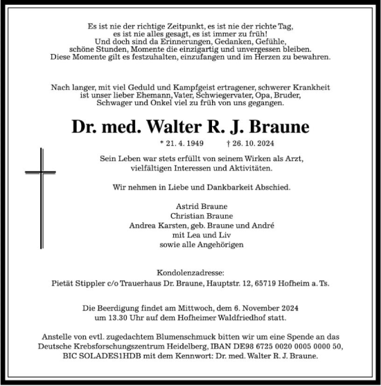 Traueranzeige von Walter Braune von FNP