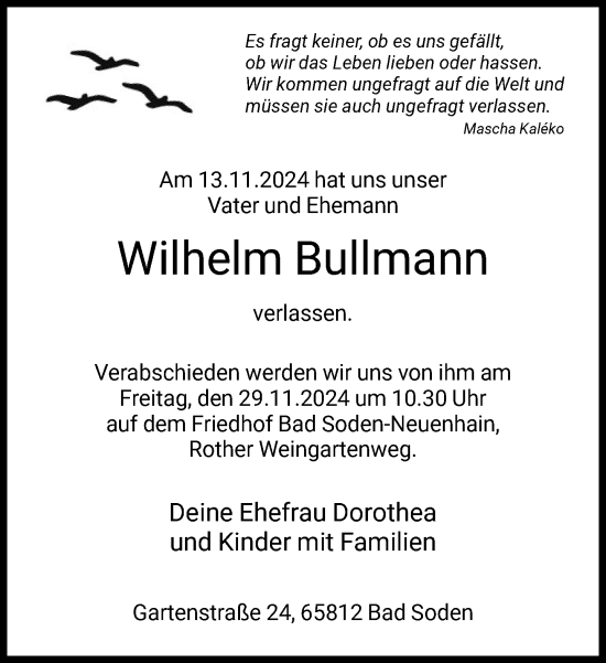 Traueranzeige von Wilhelm Bullmann von FNP