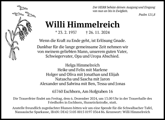 Traueranzeige von Willi Himmelreich von FNP