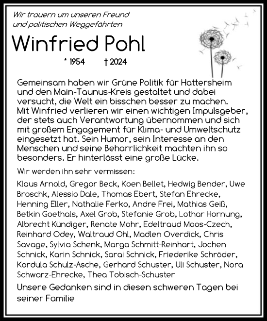 Traueranzeige von Winfried Pohl von FNP