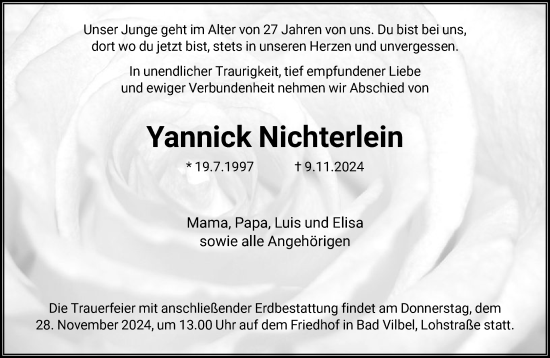 Traueranzeige von Yannick Nichterlein von FNP