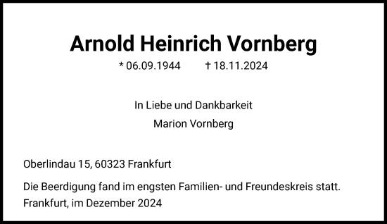 Traueranzeige von Arnold Vornberg von FNP