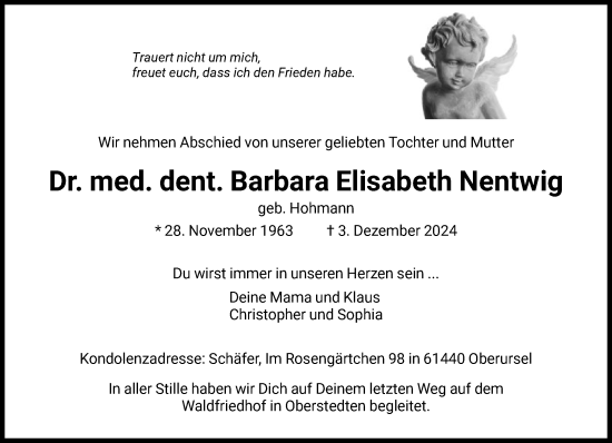 Traueranzeige von Barbara Elisabeth Nentwig von FNP