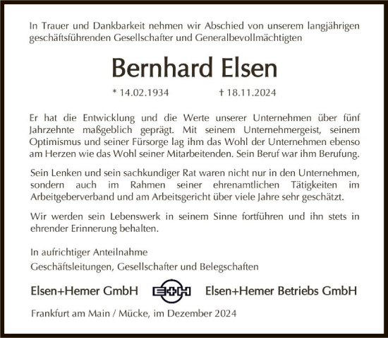 Traueranzeige von Bernhard Elsen von FNP