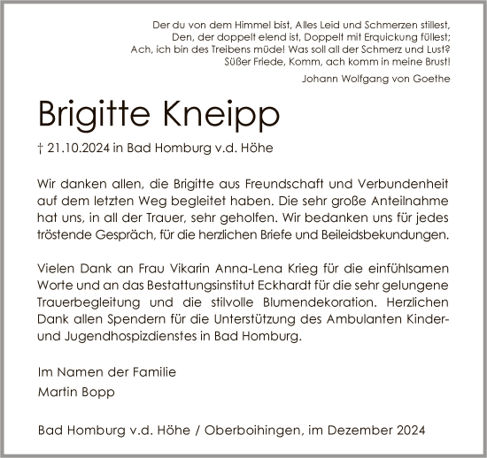 Traueranzeige von Brigitte Kneipp von FNP