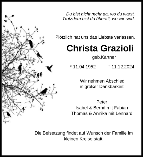 Traueranzeige von Christa Grazioli von FNP