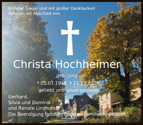 Traueranzeige von Christa Hochheimer von FNP