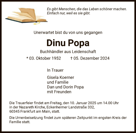 Traueranzeige von Dinu Popa von FNP