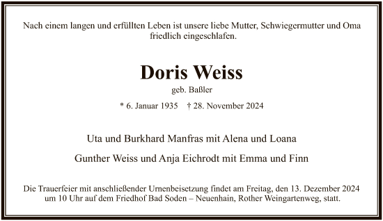 Traueranzeige von Doris Weiss von FNP