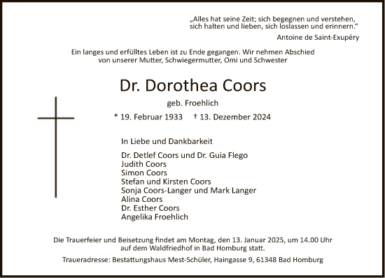 Traueranzeige von Dorothea Coors von FNP