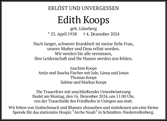 Traueranzeige von Edith Koops von FNP