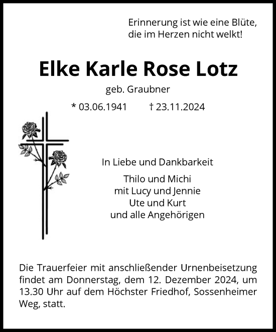 Traueranzeige von Elke Karle Rose Lotz von FNP