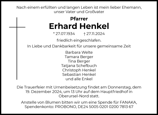 Traueranzeige von Erhard Henkel von FNP