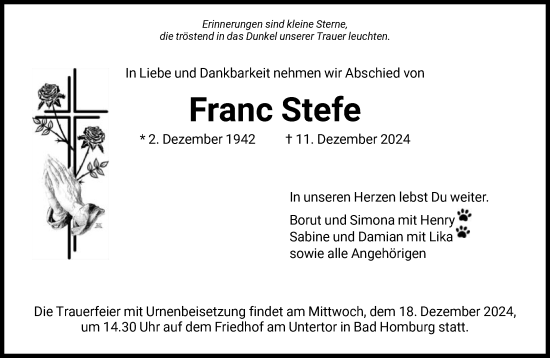 Traueranzeige von Franc Stefe von FNP