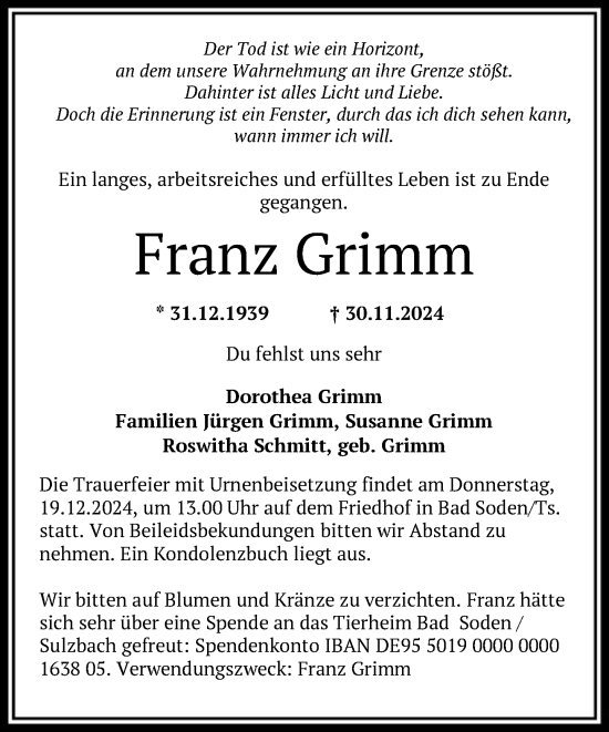 Traueranzeige von Franz Grimm von FNP