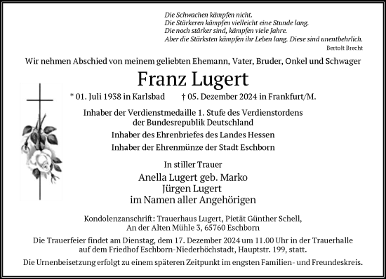 Traueranzeige von Franz Lugert von FNP