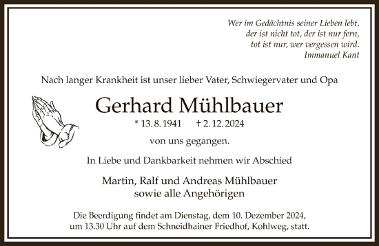 Traueranzeige von Gerhard Mühlbauer von FNP