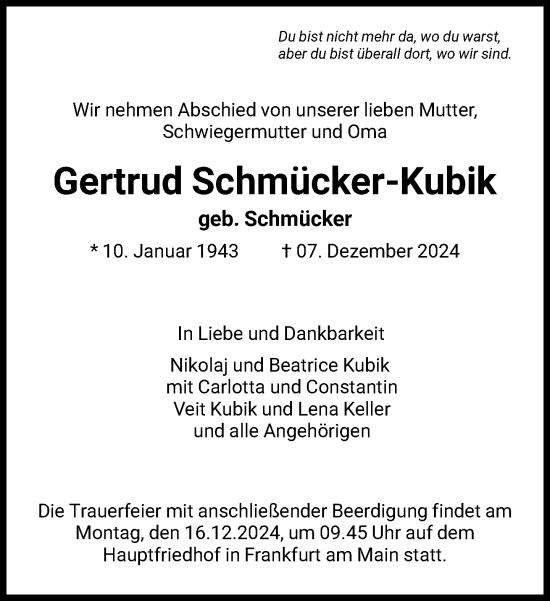 Traueranzeige von Gertrud Schmücker-Kubik von FNP